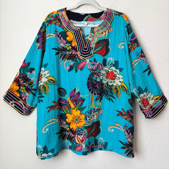 John Mark Tops - John Mark 1X Boho Vacation Tropical Floral Print Tunic Top Embroidered Trims